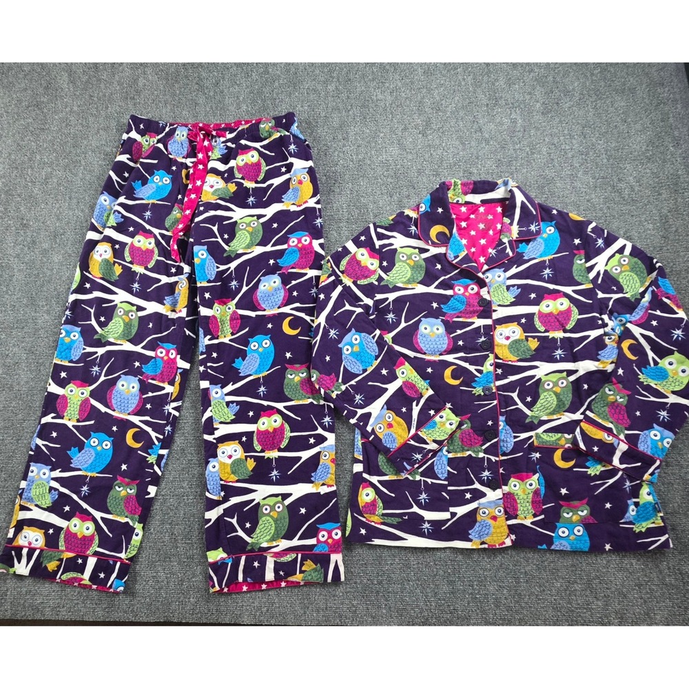 Nick & Nora Womens Owl Print Cotton Pajama Set Purple Pink Large L